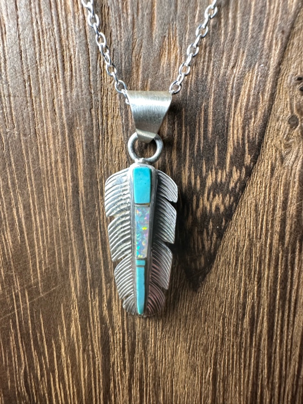 Sterling Silver Feather Pendant Necklace with Turquoise and Opal Inlay in Chain - Picture 3 of 11